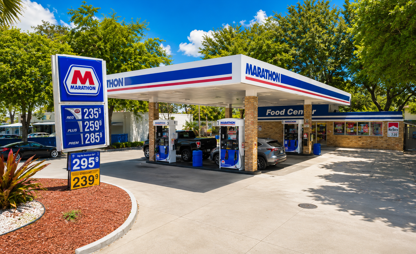 Marathon gas station with Food Center convenience store and fuel canopy at 16767 Old Cutler Rd, Cutler Bay, Florida