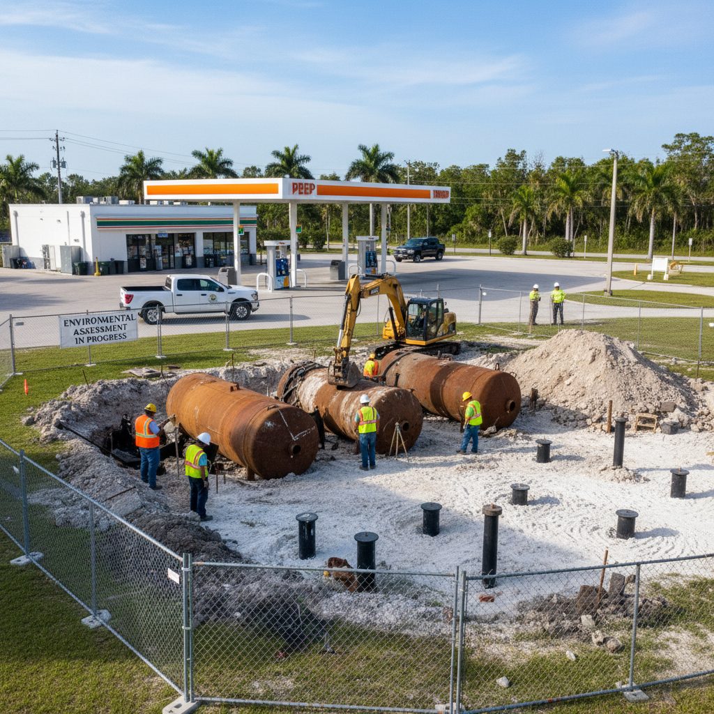 Gas Station Environmental Due Diligence: USTs, Phase I, and FDEP — Florida gas station property photograph